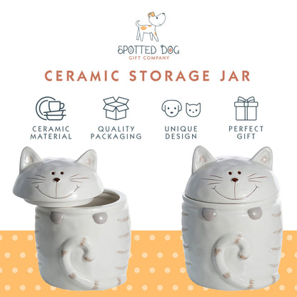SPOTTED DOG GIFT COMPANY Ceramic Jar with Lid for Countertop, Cat Treat Container, Cute Decorative Kitchen Storage Jar for Tea Coffee Sugar, Gifts for People Who Love Cats, White 16oz