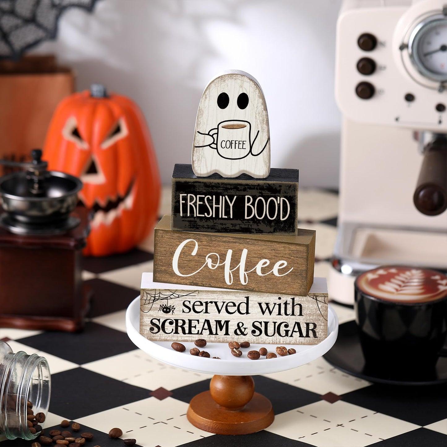 Lineshading 4 Pcs Halloween Table Decor Coffee Ghost Wooden Sign Halloween Tiered Tray Decor Farmhouse Ghost Tabletop Centerpiece Decorative Coffee Bar Block Signs for Home Office Kitchen Shelf