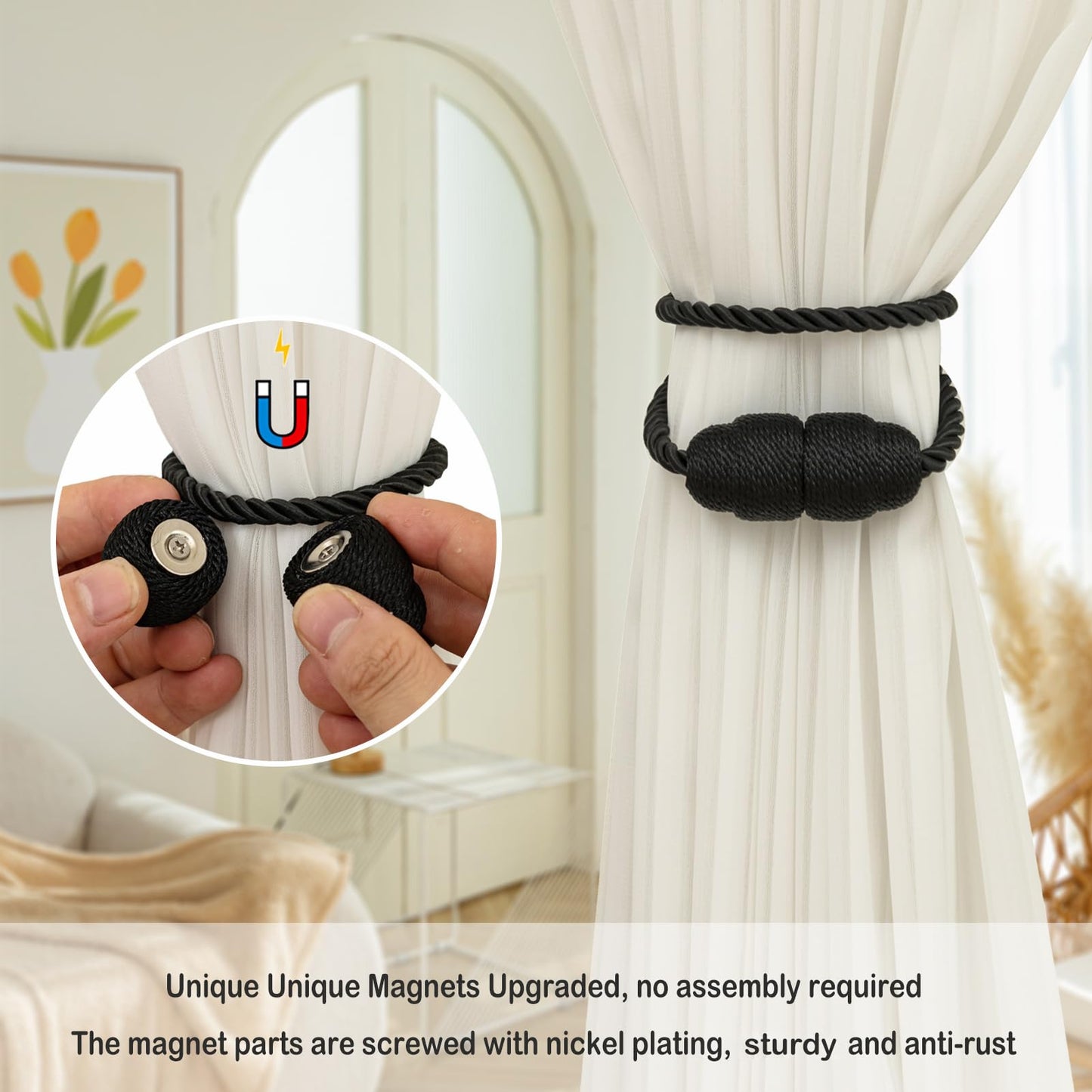 Contoeey Magnetic Curtain Tiebacks Rope Curtain Tie Backs for Curtains 8 Pack Curtain Holders for Drapes Decorative Window Curtain Holdbacks, Black