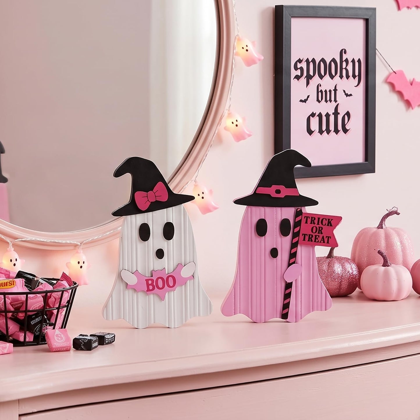 Valery Madelyn Pink Halloween Decorations, Set of 2 Cute Halloween Ghost Decor, Witch Hat Boo & Trick or Treat Wooden Tabletop Signs for Home, Shelf, Tiered Tray Party Display, 5 Inch