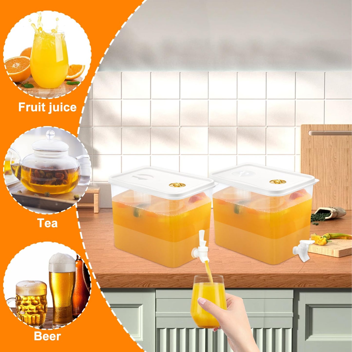 2 PCS 2 Gallon Fridge Beverage Drink Dispenser with Spigot Leak Proof Lids Filter Screen Juice Container Sealed Plastic Lemonade Water Milk Cold Hot Drink Tea Jug for Parties