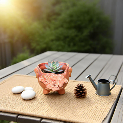 FMTITF Ceramic Planter for Succulents & Flowers 4" H, Cracked Rim with Sculptural Appliqué Design, Indoor/Outdoor Glossy Glaze Flower Pot, Drainage Plug & Curved Handles, Compact Tabletop Decor