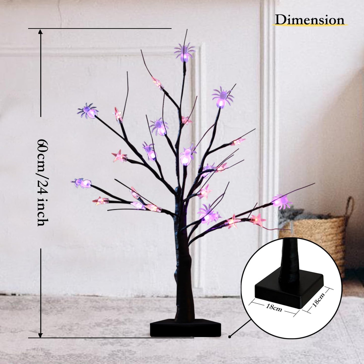 HipTree Halloween & Seasonal Decor Combo: 28 Inch Lighted Skeleton Wreath with Autumn Leaves + 2-Pack 2ft Lighted Black Birch Trees, LED Fairy Lights for Indoor/Front Door/Tabletop Holiday Ambiance
