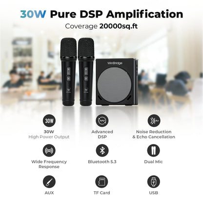 WinBridge Voice Amplifier for Teachers, Portable PA System for Public Speaking, Bluetooth Speaker with 2 Microphones for Classroom, Karaoke, Event Hosts, 30W DSP, BT/USB/TF/AUX - Black, S90