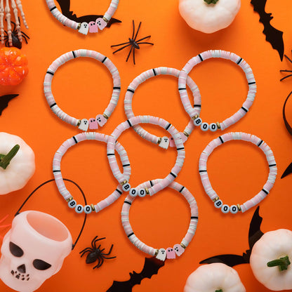 Huquary 48 Pcs Halloween Bracelet Set Party Favors Pink Ghost Boo Clay Bead Bracelets Cute Decorations Clay Ghost Signs for Halloween Gifts for Women Friend Boo Basket Stuffers Goodie Bag Stuffers