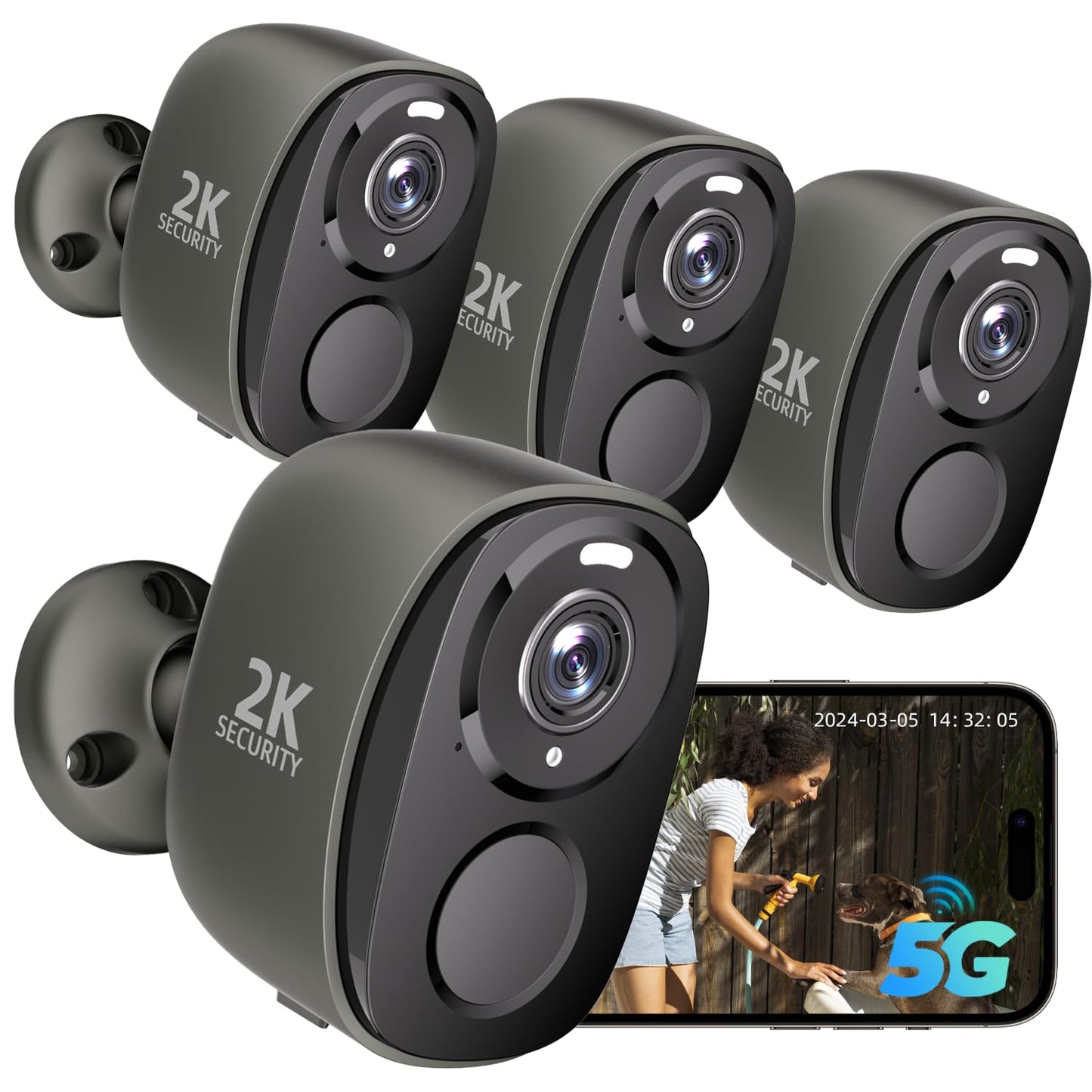 Rraycom 4Pack 5G/2.4G Security Cameras Wireless Outdoor,2K Battery Powered AI Motion Detection Siren Alarm WiFi Home Indoor Camera, Color Night Vision, 2-Way Talk, Waterproof, Works w/Alexa, Cloud/SD