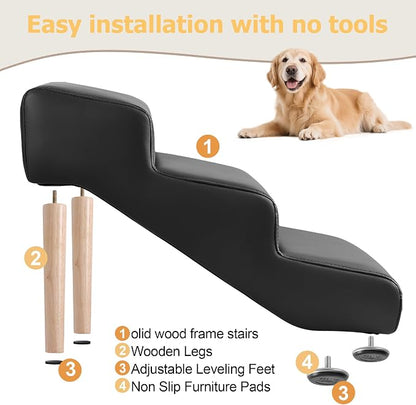3-Step 15.7" H Dog Stairs for Pets up to 220lbs,Waterproof and Scratch PU Leather Pet Stairs with Oak Leg & Solid Wood Frame,Dog Ramp for Small Senior Large Dogs Cats,Non-Slip Feet,Black