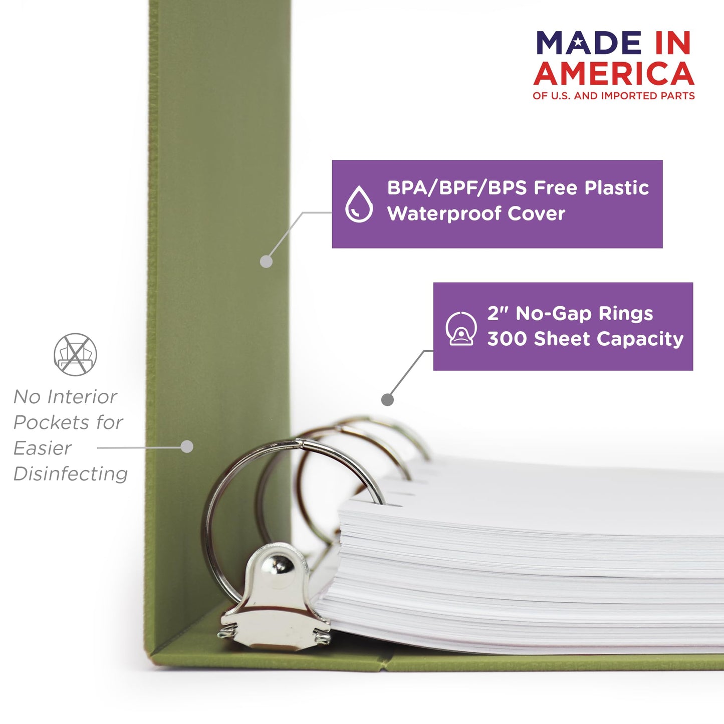 Carstens 2-Inch Heavy Duty 3-Ring Binder - Side Opening, Sage, Durable Plastic, Precision No-Gap Rings, Waterproof Covers, No Pockets, Holds 300 Letter-Sized Sheets, BPA-Free, Made in USA (5826-3R)