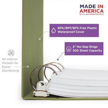 Carstens 2-Inch Heavy Duty 3-Ring Binder - Side Opening, Sage, Durable Plastic, Precision No-Gap Rings, Waterproof Covers, No Pockets, Holds 300 Letter-Sized Sheets, BPA-Free, Made in USA (5826-3R)