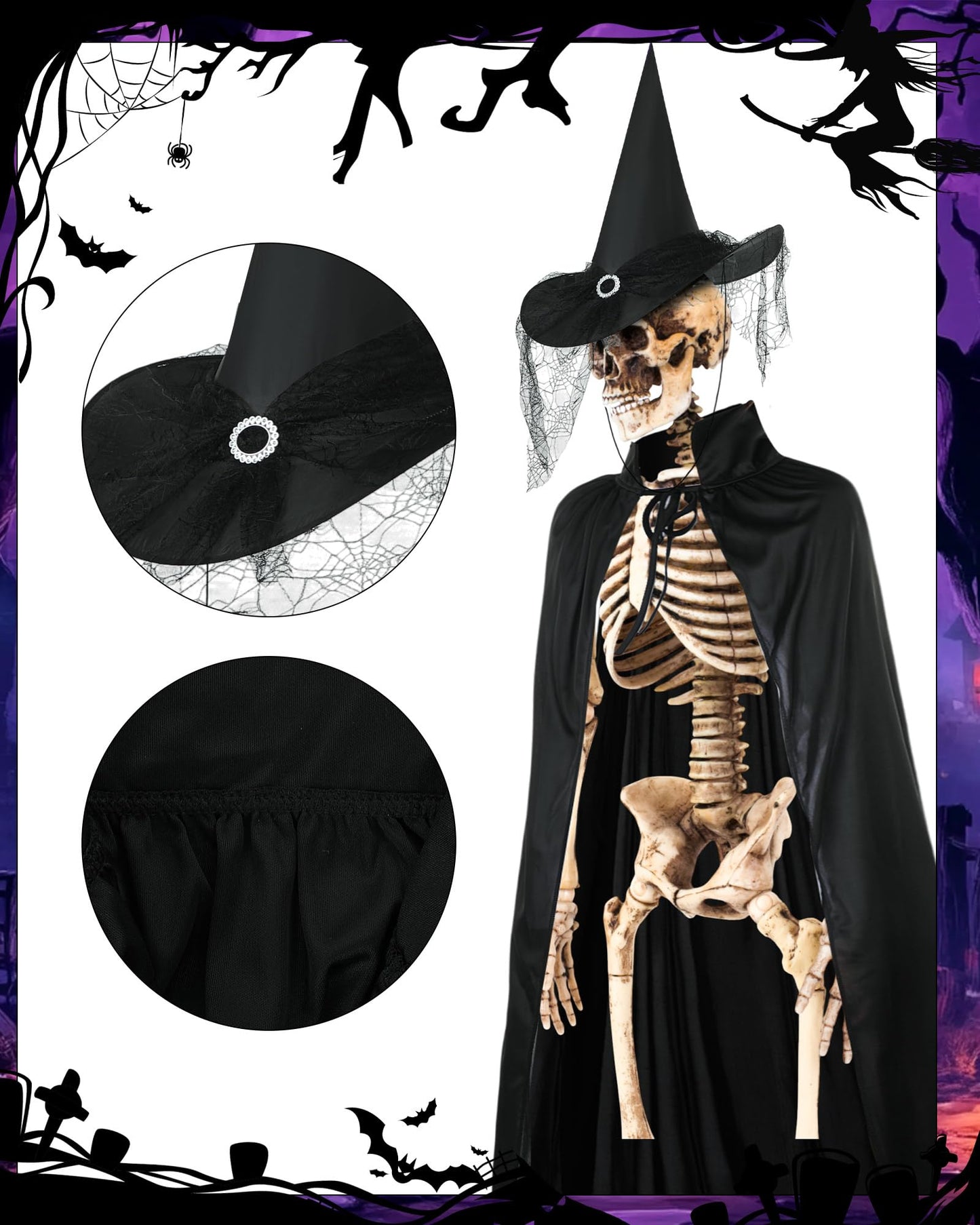 Tarpop Halloween 12 ft Skeleton Outfit Set Giant Skeleton Witch Theme Costume Includes Witch hat and Cloak for Halloween Decorations Outdoor Yard Haunted House Prop Decorations
