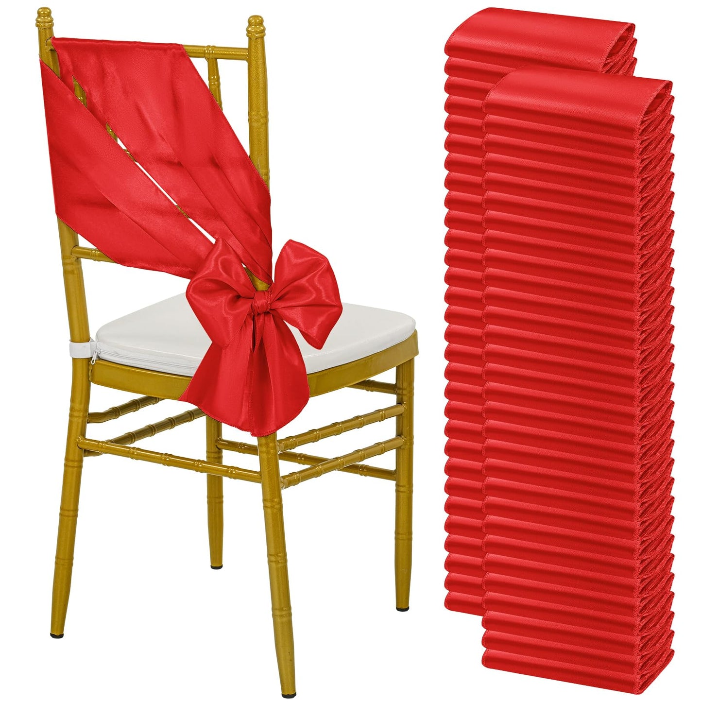 LOKUME 100 PCS Satin Chair Sashes Bows, Red Ribbon Ties Back Sash for Wedding Birthday Banquet Party Hotel Event Cover Decoration (7 x 78 Inch)