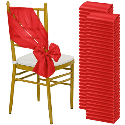 LOKUME 100 PCS Satin Chair Sashes Bows, Red Ribbon Ties Back Sash for Wedding Birthday Banquet Party Hotel Event Cover Decoration (7 x 78 Inch)