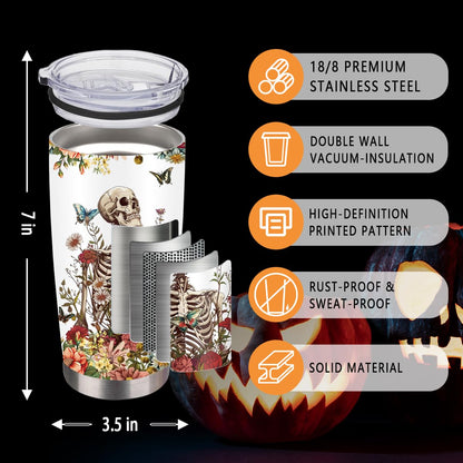 MoYueno Skull Tumbler, Horror Gifts for Skull Lover Men Women, 20 Oz Horror Wicked Spooky Flower Travel Coffee Tumbler Cup with Straw & Brush, Christmas Birthday Thanksgiving Gifts, 1 PCS