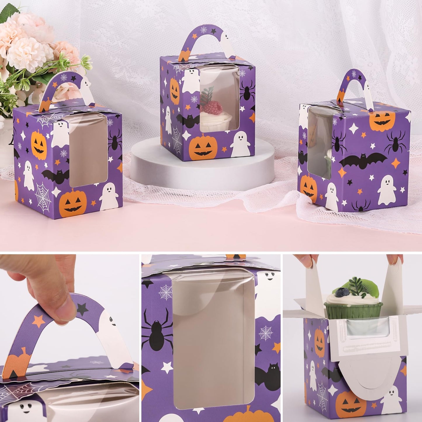 acDesign 50pcs Halloween Cupcake Boxes With Handle & Clear Window - Purple Pumpkin