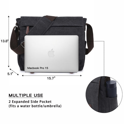 Dasein Large Vintage Canvas Messenger Shoulder Bag, Black, 15in Laptop