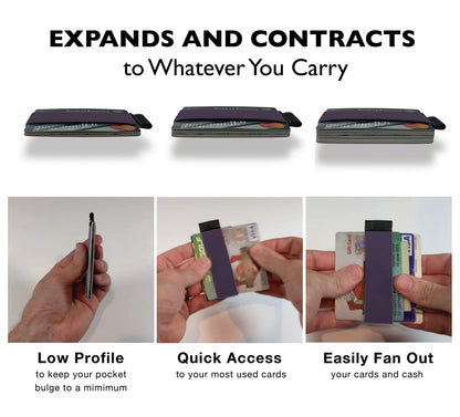 Modern Carry Quick Draw Minimalist Wallet for Men & Women, Elastic Band Minimal Credit Card Holder with Leather Tab, Card Grabber for Long Nails, Money Clip Alternative (Black) (Purple)