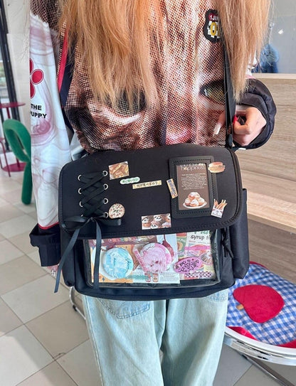 Gleease Ita Bag Japanese Messenger Bags Kawaii Crossbody Bag Anime Purse With Cute Pins Y2k For Women Men (Black A)