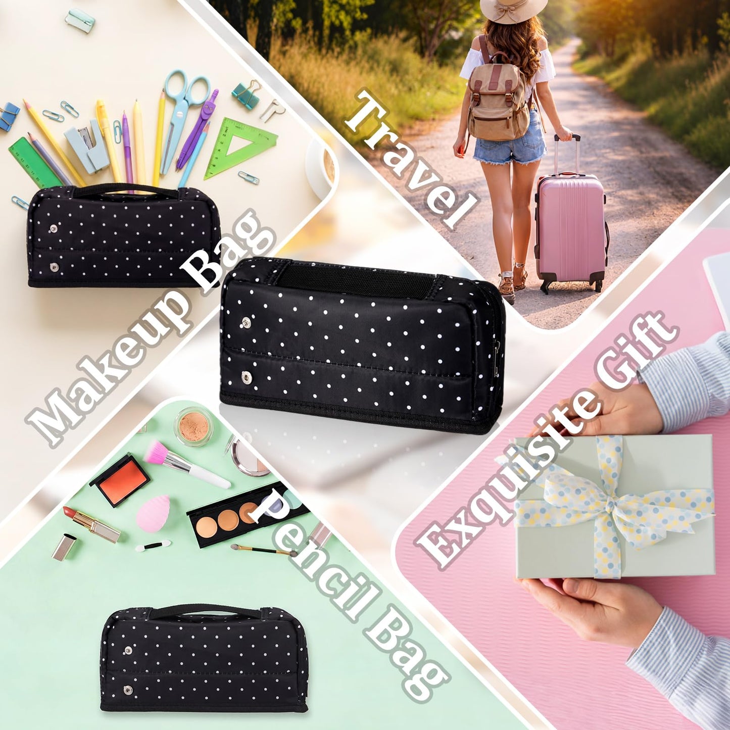 Gueevin Large Capacity Pencil Case Polka Dot Pen Pouch with Multiple Compartments Foldable Portable Pencil Case Black White Stationery Organizer Bag for Adults (Black)