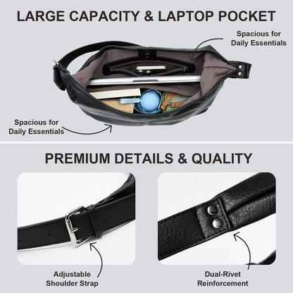 Hobo Bag for Women, Soft Vegan Leather Slouchy Shoulder Tote Purse with Matching Pouch, Adjustable Strap & Magnetic Closure Black