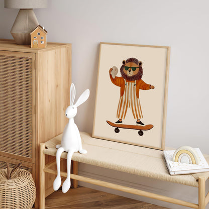 Funny Animal Picture Animal Wall Art Nursery Wall Art Kids Room Aesthetic Prints Minimalist Lion Skateboard Picture 12x16 Inch UnFramed for Living room Dorm Nursery Kids Room Baby Room & Game Den