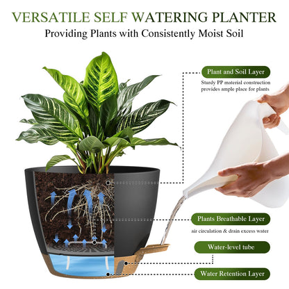 KUGAZ Self Watering Pots with Drainage Holes, 3 Pack 12/10/8 Inch Plant Pots with Water Level Indicator Deep Reservoir, Large Plastic Planter for Indoor Outdoor Plants - Black Brown