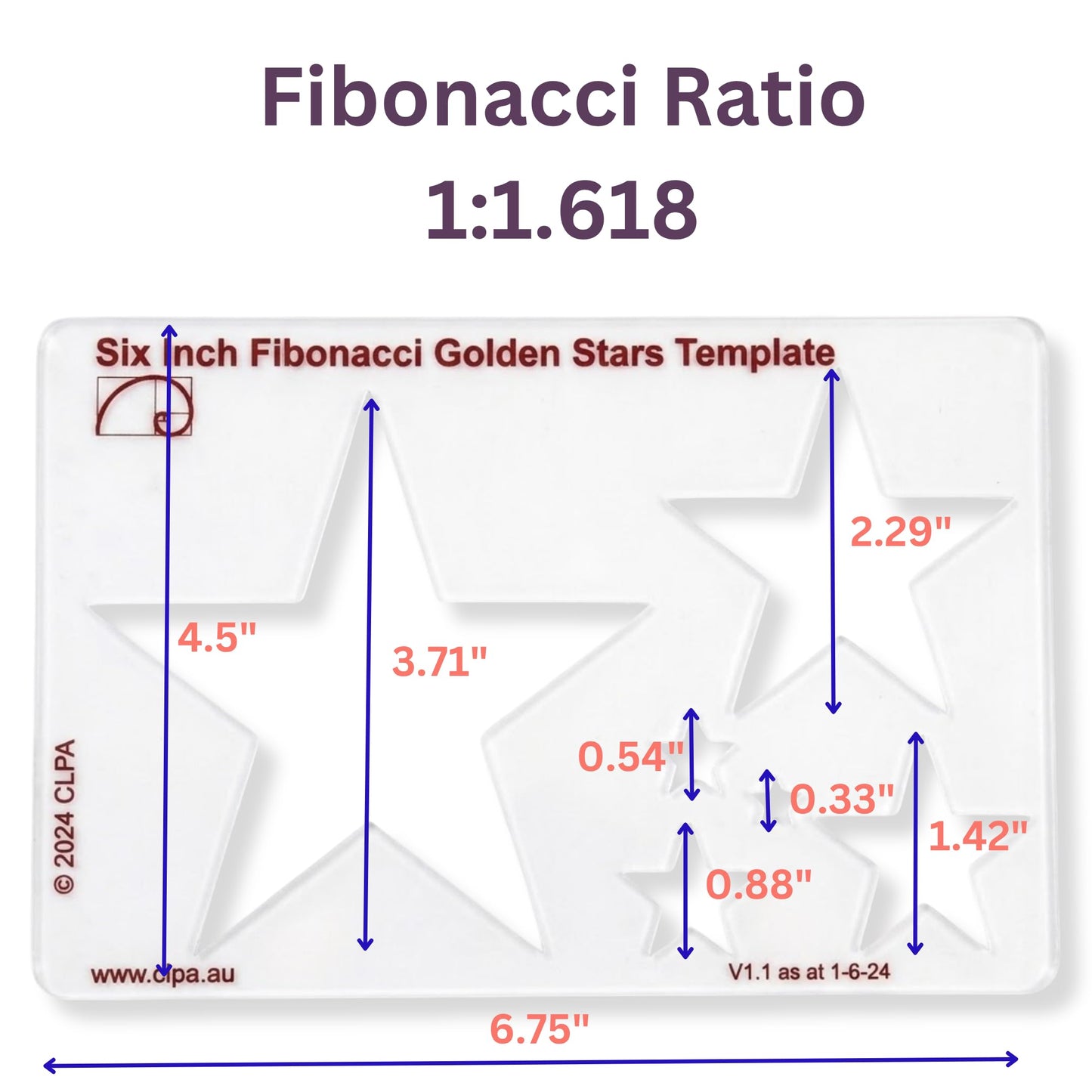 CLPA Fibonacci 3-Piece Template Set — 6" Circle, Star and Square | Golden Ratio Drawing Tools | Fibonacci Art, Quilting and Drafting Stencils | Clear PETG | Made in Australia