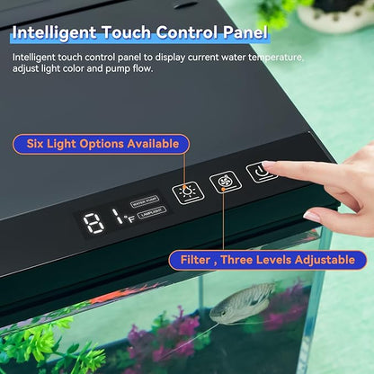 17.6x9.7x11.3 in Fish Tank Kit Complete with Real-Time Temp Display, 3-Speed Water Pump, Smart Storage, Flexible Filter & 6 Color Lights Ideal Aquarium for Betta Fish & Goldfish