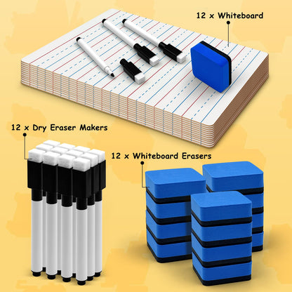 12-Piece Dry Erase Board Set, Double-Sided Small Whiteboards with Lines for Writing, Students and Teachers in Classroom, 6"x9" Mini Whiteboards, Includes 12 Markers and 12 Erasers
