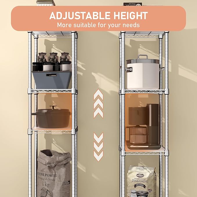 M MZG Storage Shelves Adjustable, 4 Tier Shelving Units for Storage with Wheels, Corrosion Resistant Wire Shelving Unit for Kitchen Closet Bathroom Office, Chrome 11.8" D x 11.8" W x 48.1" H
