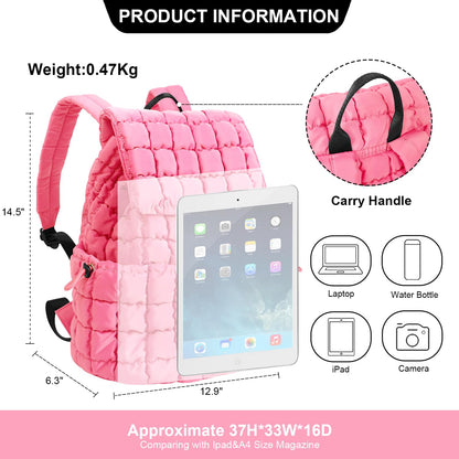 XSUIOY Quilted Backpack Purse for Women Small Lightweight Puffer Puffy College Laptop Backpack Nylon Casual Bookbag Daypack Top Flap Drawstring Padding Hiker Travel Gym Backpack(Pink)