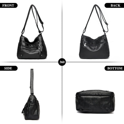 WITERY Small Crossboby Bag for Women - Soft PU Leather Purses Multi-Pocket Shoulder Bag Handbag with Adjustable Strap, Vintage Ladies Medium Roomy Travel Purses Zipper Hobo Totes (Black)