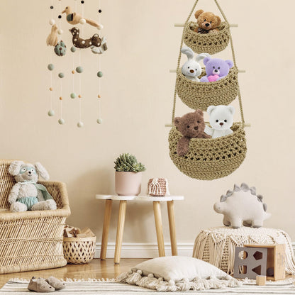 yuuzue 3 Tier Hanging Fruit Basket, Cotton Woven Wall Hanging Basket for Organizing Fruit Vegetable Storage, Boho Wall Baskets for Kitchen Bedroom Living Room