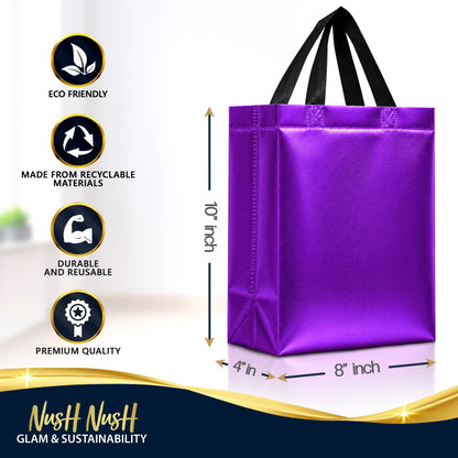 Nush Nush Purple Gift Bags Medium Size – Set of 12 Purple Reusable Gift Bags With Handles - Perfect Goodie Bag for Halloween Treats, Holidays, Christmas Presents, Birthday Party Favors – 8Wx4Dx10H