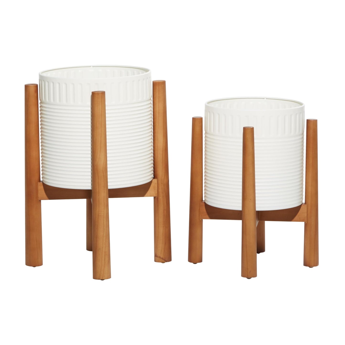 Deco 79 Metal Indoor Outdoor Planter Large Planter Pot with Removable Wood Stand, Set of 2 Planters 17", 15"H, White