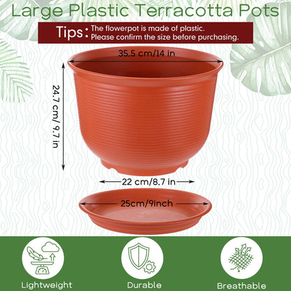 RimCereal 2 Pack 14 Inch Plastic Large Terracotta Plant Pot with Drainage Hole and Saucer Large Plant Tree Pots Flower Tree Containers for Indoor Outdoor Gardening Front Porch Patio Yard or Deck
