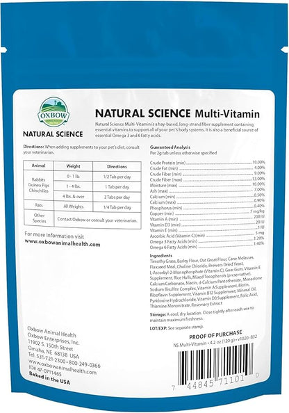 Oxbow Natural Science Multi-Vitamin, High Fiber Supplement for Rabbit & Guinea Pig, Made with Timothy Hay, Multi-Pet Households, Omega 3 & 6 Fatty Acids, Made in USA, 4.2 oz Bag, 3 Pack