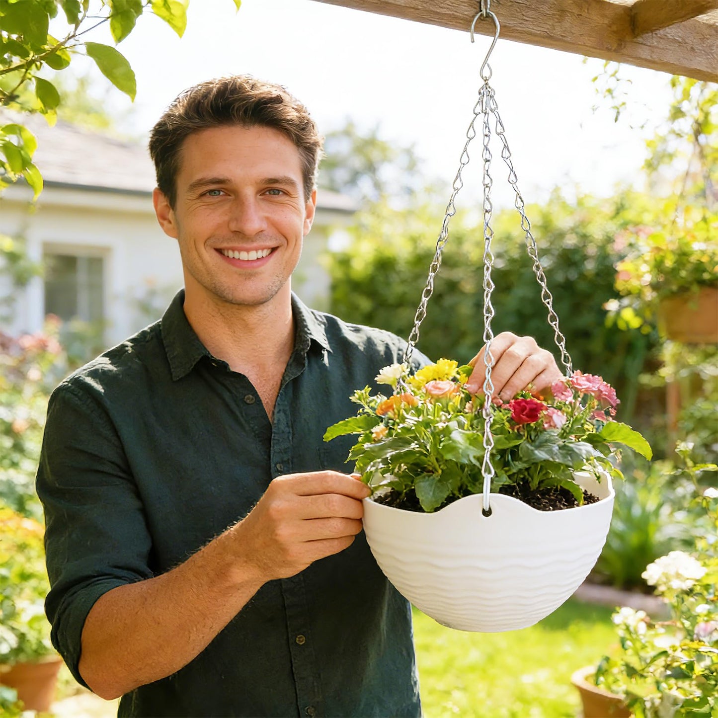 Bvrbaory 8 Pack Hanging Planter Pots,Self-Watering Flower Pot with Water Tray & Metal Chain,White Plastic Hanging Plant Pots for Indoor Outdoor Garden Decor,8 Inch
