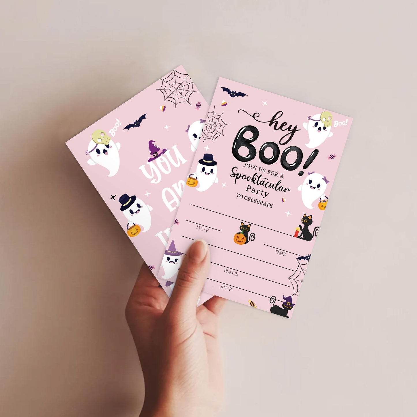SIXEIGHT Pink Hey Boo Halloween Party Invitations, Cute Ghost Cat Halloween Invitations for Boys Girls, 25 Pack Pink Invite Cards with Envelopes, Wedding Birthday Baby Shower Party Decorations-E05