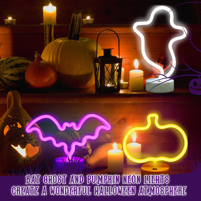 VIHOSE 3 Pcs Neon Light Halloween Decorations LED Lamps Ghost Pumpkin Bat Shape Neon Signs Decorative Battery Operated Night Lights with Holder Base for Bedroom Table Desk Room home Party Bar Gifts