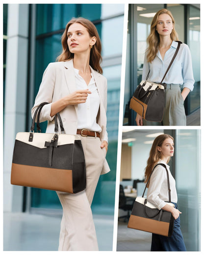 Tiostep Lunch Tote Bag for Women 2 in 1 Laptop Work Bag with Lunch Insulated Compartment and Purse Combo Leather Crossbody Bag (Black Brown)