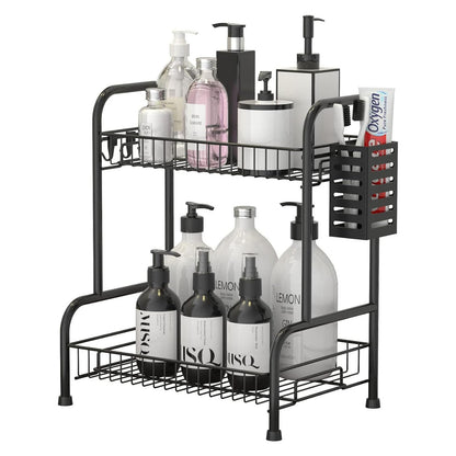 Bathroom Countertop Organizer With Toiletries Basket, 2 Tier Bathroom Counter Storage Rack with Adjustable Feetpad, No-Screw Caddy Stand for Vanity, Sturdy Metal Wire Black, Medium 12.8''L x 7.2''W