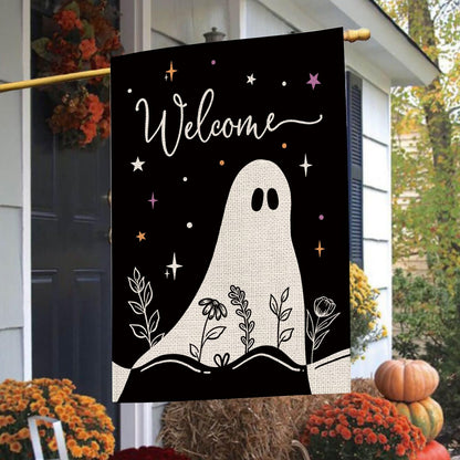 Halloween House Flag Ghost Black Burlap Double Sided 28x40 Inches Halloween Holiday Welcome Sign for Yard Lawn Home Outdoor Decor