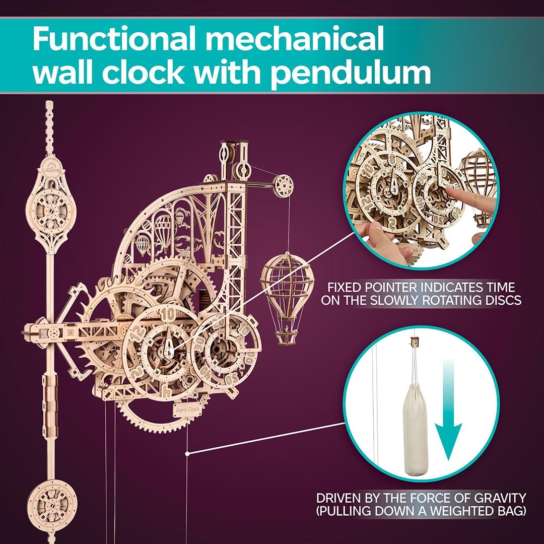 UGEARS Aero Clock Wooden 3D Puzzles for Adults - Mechanical Wooden Model Kits for Adults to Build, Wall Clock 3D Puzzle with Pendulum Model Kit, DIY Miniature Kit Crafts Gift for Fathers Day
