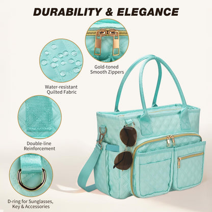 KOPKOFT Large Bible Cover Case for Women, Quilted Church Tote Bag with Shoulder Strap, Bible Study Supplies Journaling Kit Bible Accessories, Christmas Christian Gift for Women (Blue Green)