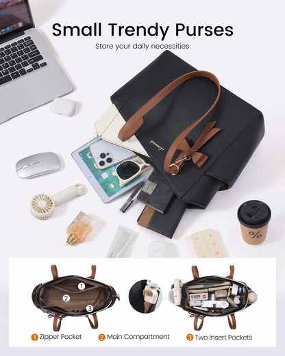 LOVEVOOK Small Tote Purse for Women, 2026 Structured PU Leather Handbags with Top Handle, Elegant Satchel Shoulder Bag Black-White-Brown