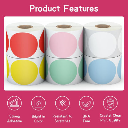6 Rolls 2 Inch 6-Color Assorted Circle Direct Thermal Stickers Labels, Self-Adhesive Round Direct Thermal Labels for Business, DIY, Code, Name Tag, Envelope Seal - 4500 Labels