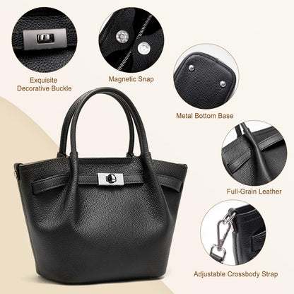Genuine Leather Bucket Bags for Women: Small Tote Purses for Ladies Luxury Designer Crossbody Satchel Handbags(Black)