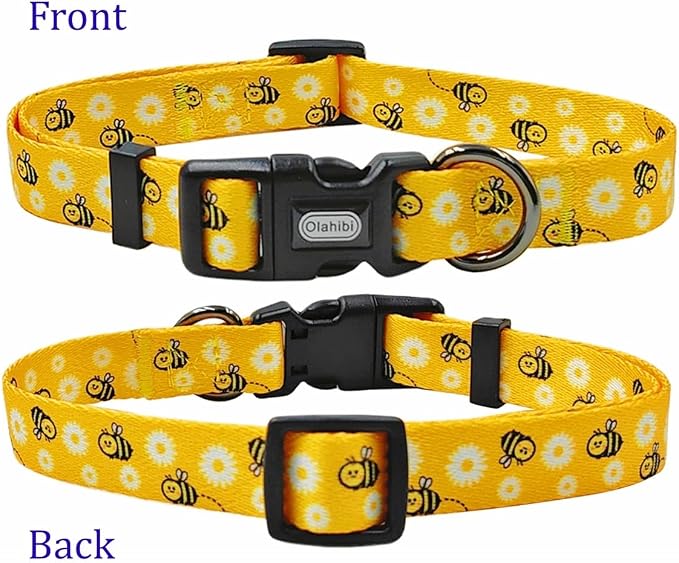 Dog Collar Leash Set, Floral Pattern, Polyester Material, Adjustable Collar and 5ft Matching Leash, for Medium Dogs.(M, Bee Daisy)
