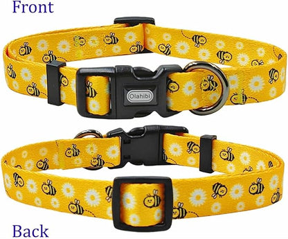 Dog Collar Leash Set, Floral Pattern, Polyester Material, Adjustable Collar and 5ft Matching Leash, for Puppy Dogs.(XS, Bee Daisy)