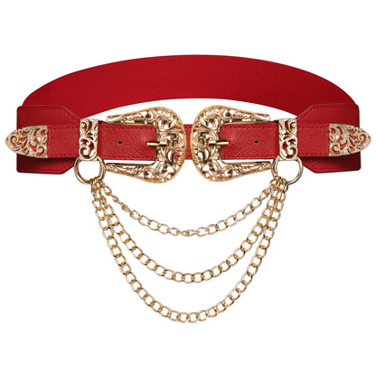 Barry.Wang Women Double Western Belt Vintage Leather Red Belt Gold Buckle Design Elastic Waist Chain Jeans Dresses Cowgirl